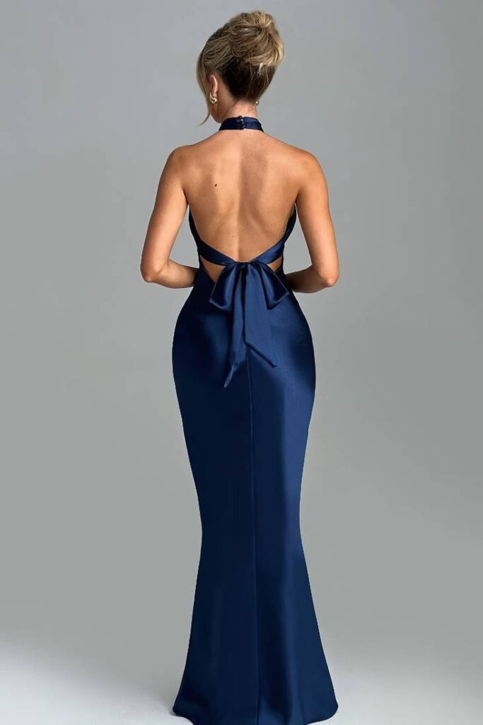 Robe Satin Longue Col Licou Dos Nu | Reine Satin